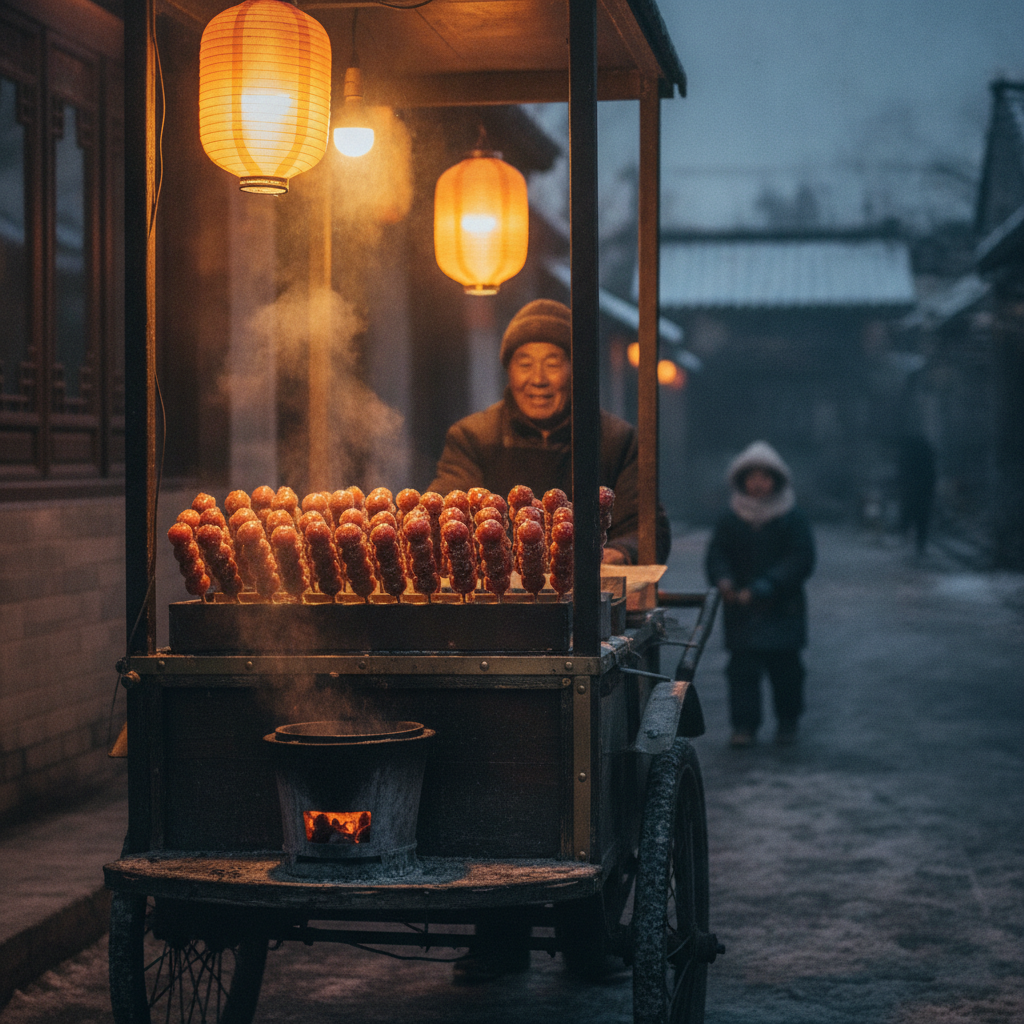A tanghulu street vendor cart in northern China at dusk