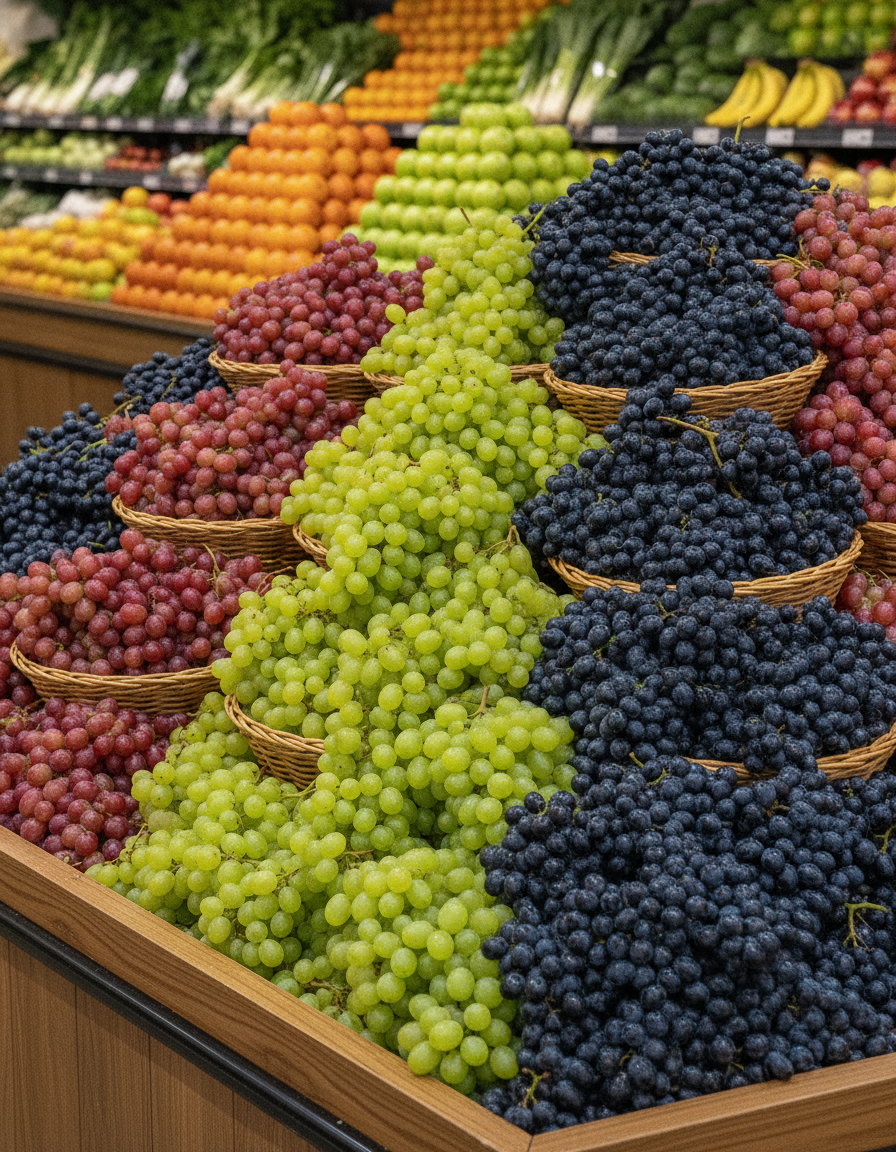 An abundant retail grape display